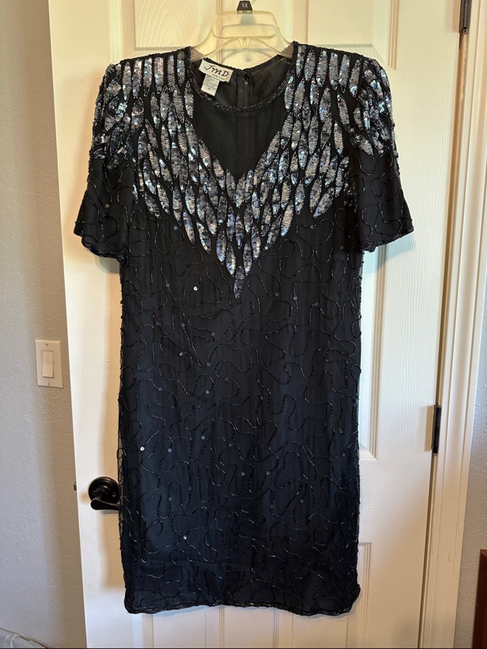 Vintage JMD New York Black  Sequined Dress with Silver Beaded Yoke